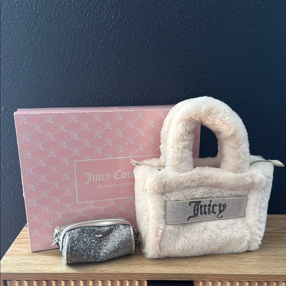 Juicy Couture Cream Faux Fur Tote and Silver Pouch Set